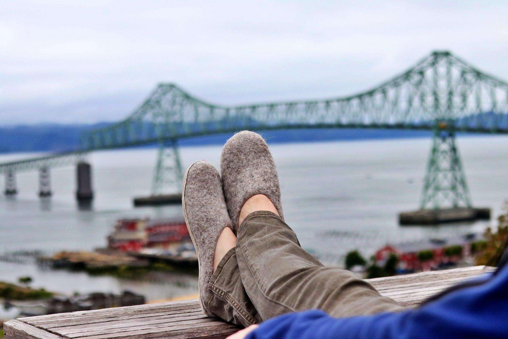 Nootkas Heather Astoria Slippers with Bridge in background