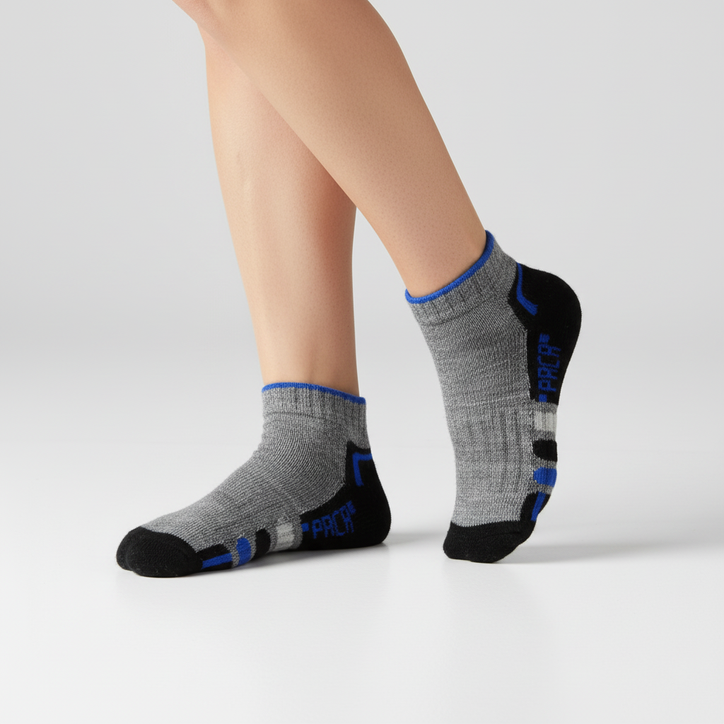 Gray socks with blue accents worn by a person on a light gray background
