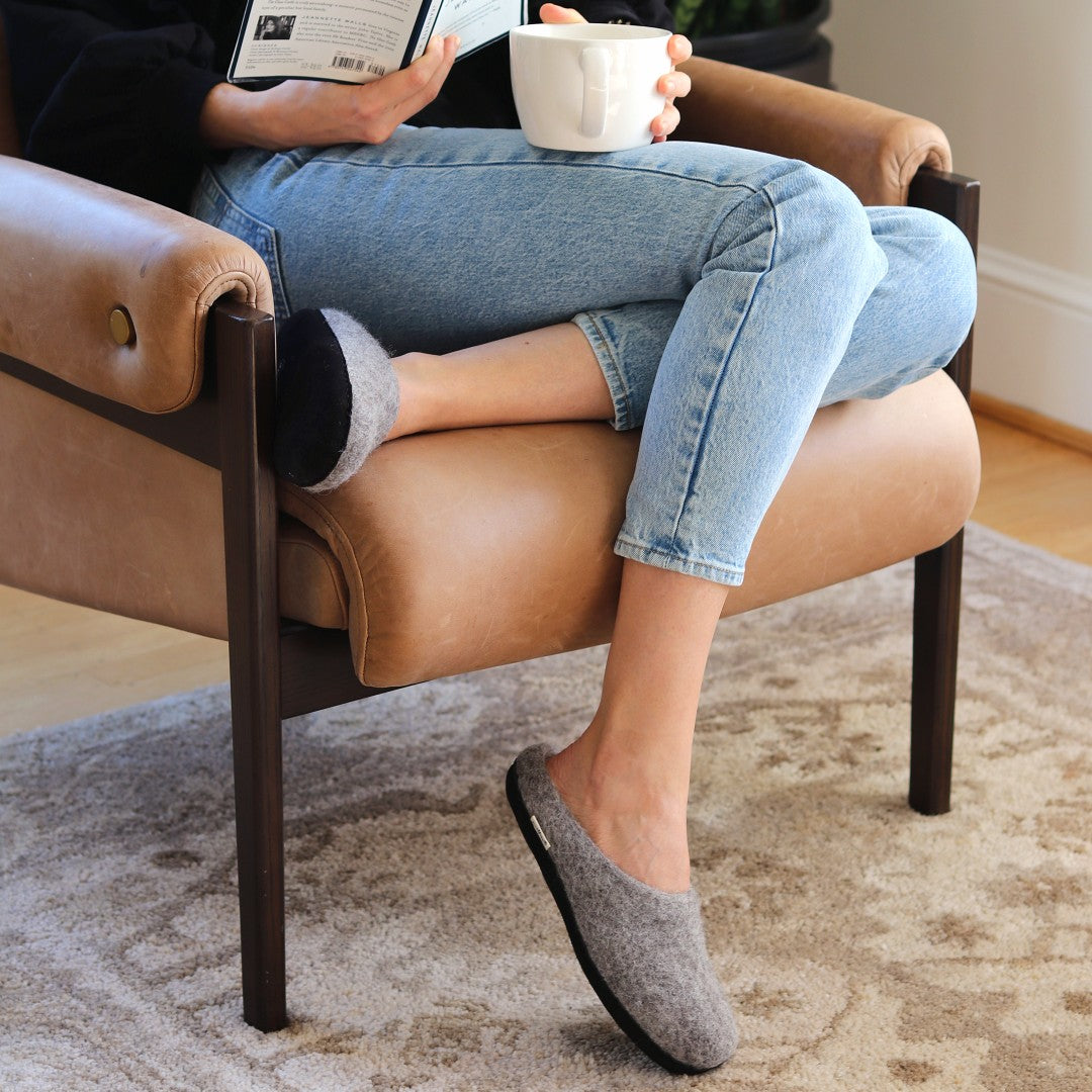 Nootkas Astoria Wool House Slipper in heather gray with black sole