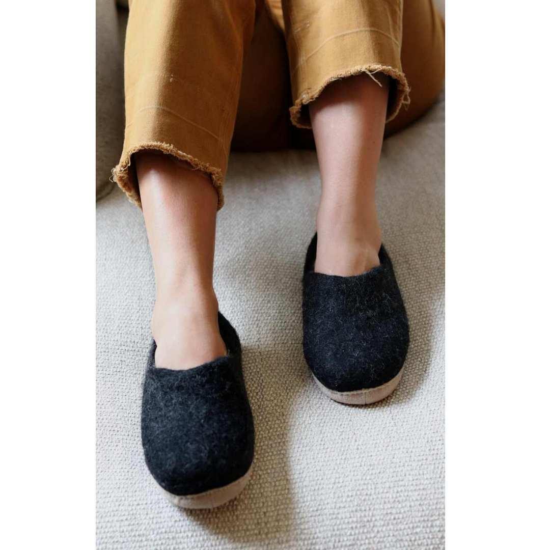 Nootkas Victoria Wool House Shoe in charcoal gray with tan sole