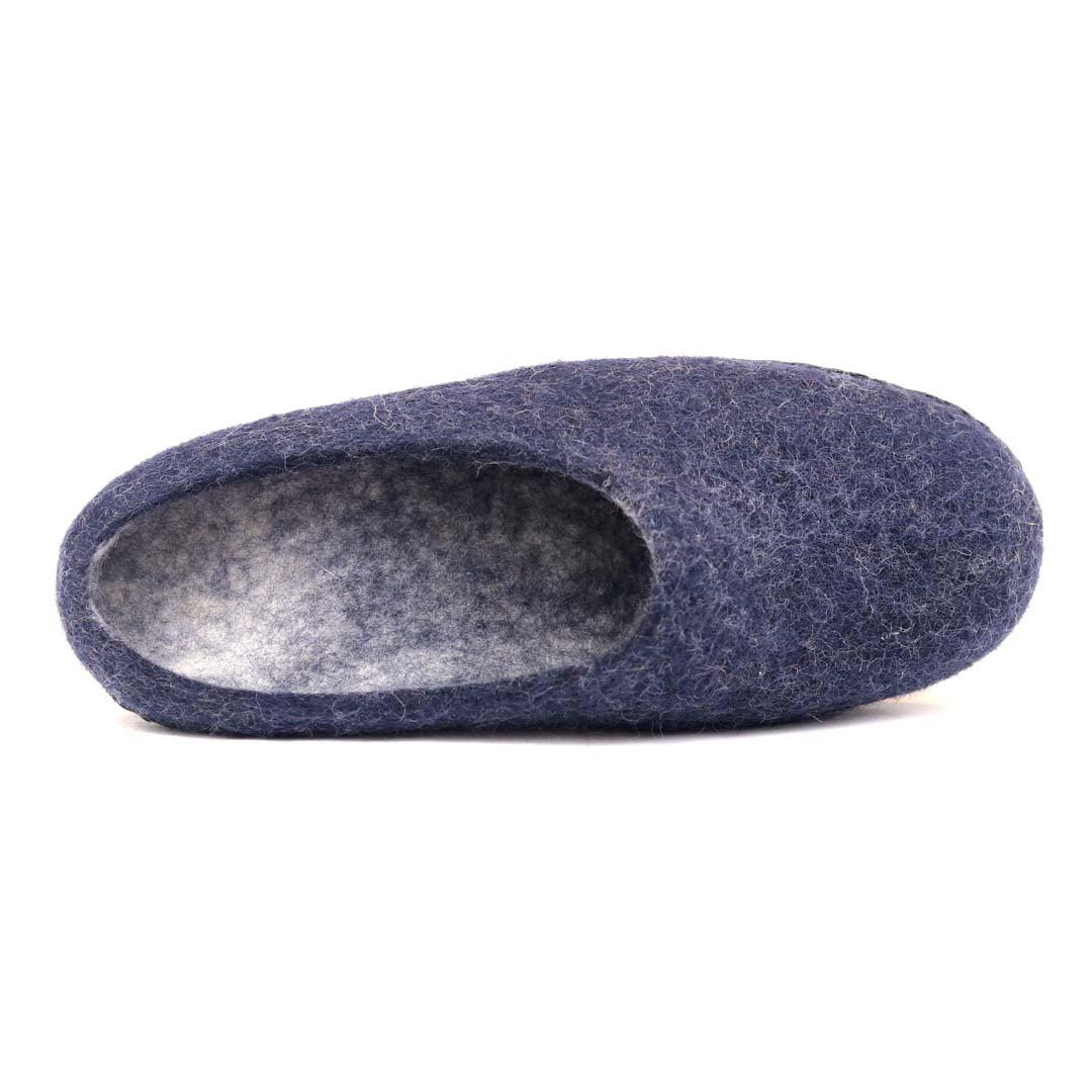 Top view of Nootkas Astoria Wool House Slipper in indigo blue with black sole