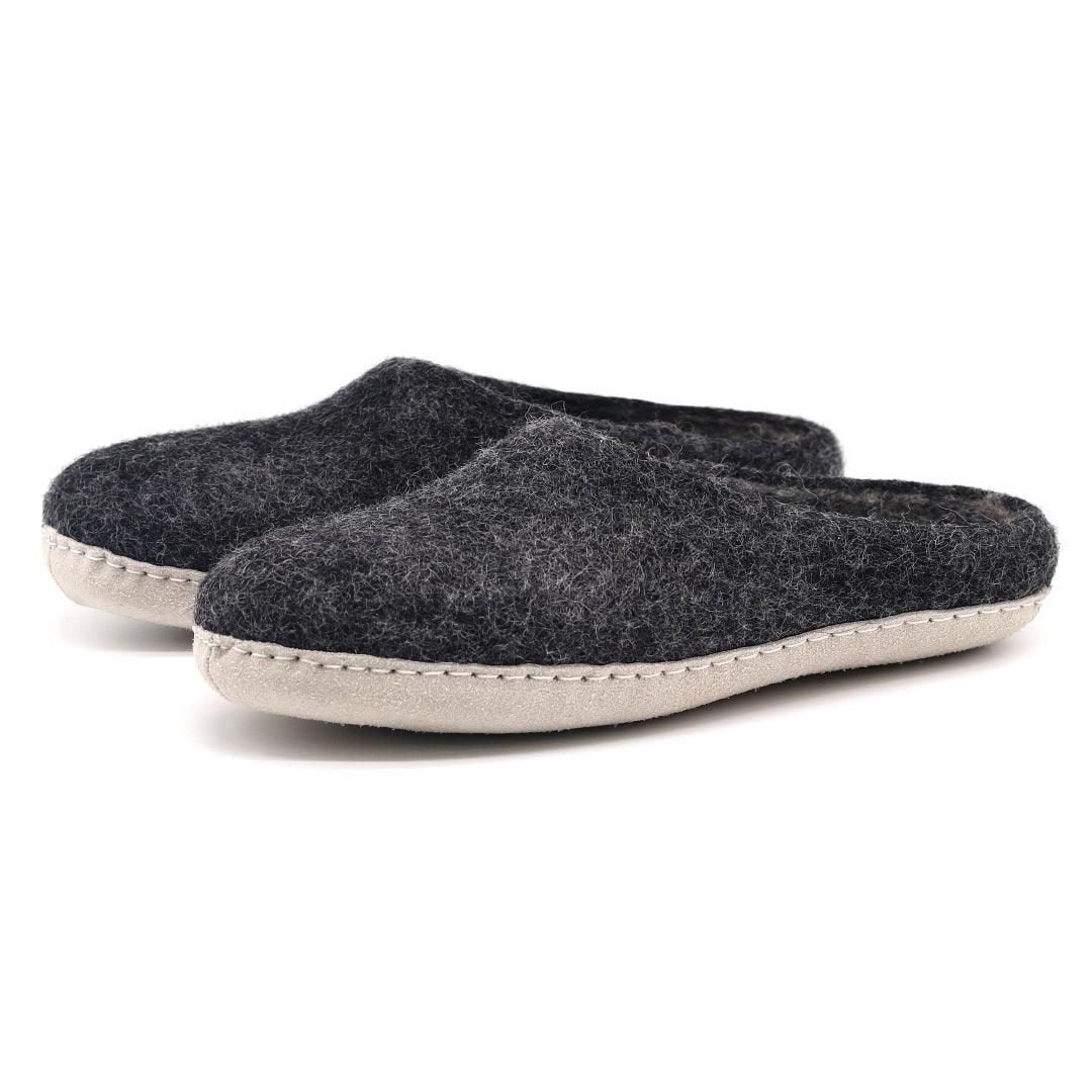 Nootkas Astoria Wool House Slipper in charcoal gray with tan sole