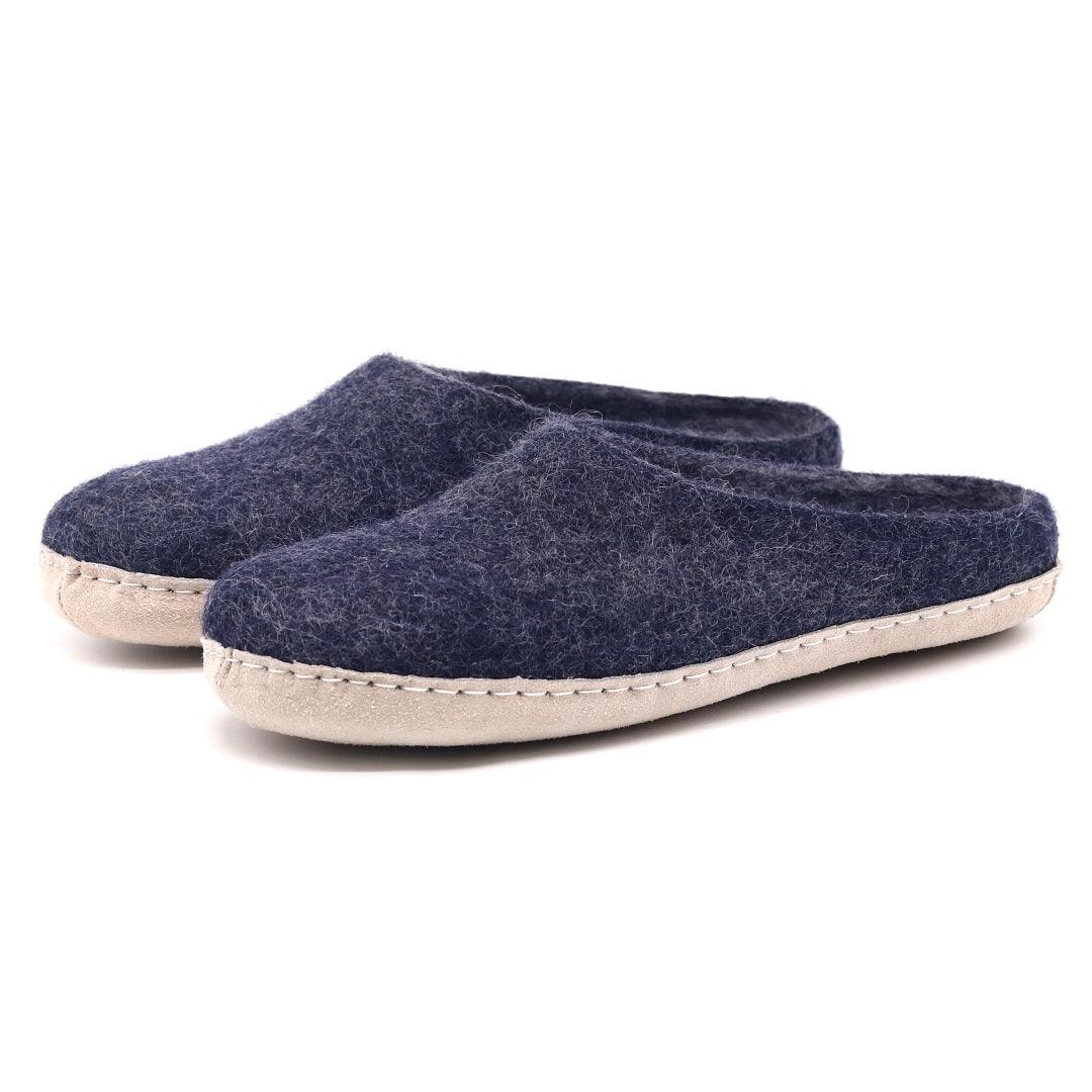 Nootkas Astoria Wool House Slippers in indigo blue with tan sole