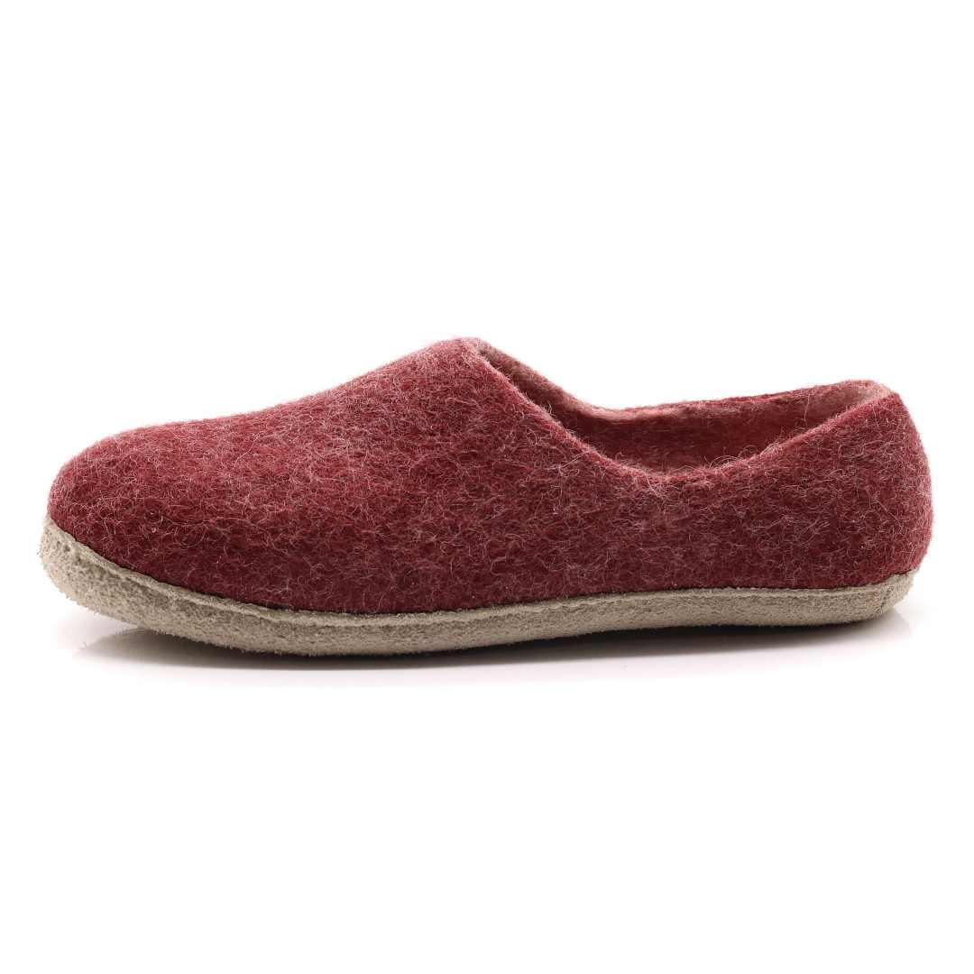Nootkas Victoria Wool House Shoe in Bordeaux red with tan sole