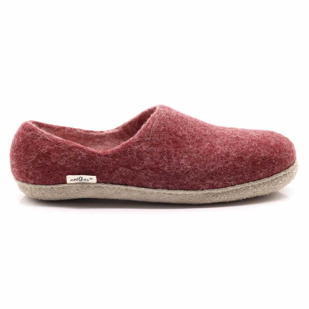 Nootkas Victoria Wool House Shoe in Bordeaux red with tan sole