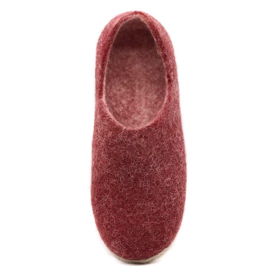 Nootkas Victoria Wool House Shoe in Bordeaux red with tan sole