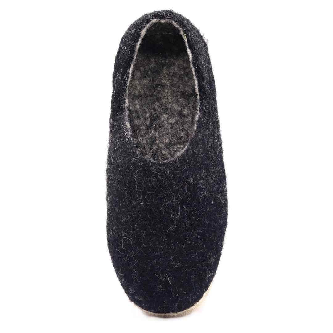 Nootkas Victoria Wool House Shoe in charcoal gray with tan sole